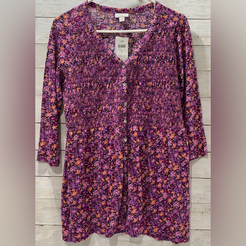 J Jill Top Shirt Womens Small Purple Pink Floral Smocked Button Up Stretch